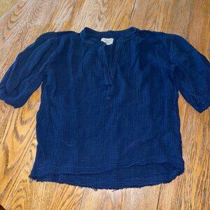 9 SEED white textured cotton split neck top/dark blue/M/L